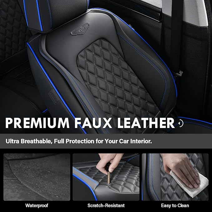 Coverado Front Car Seat Covers, Non-Slip Dust-Proof Nappa Leather, Universal Fit for Cars & Pickup Trucks, Waterproof Car Seat Protectors, Black & Blue Design for Sedans & SUVs