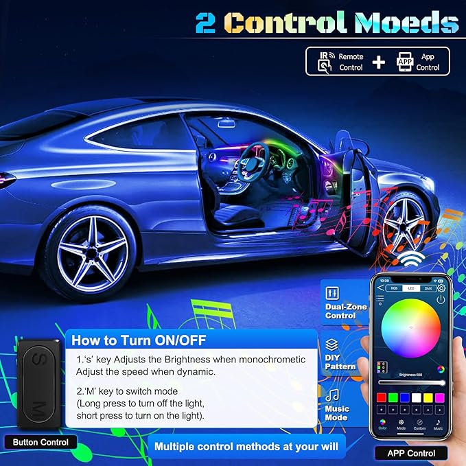 Dreamcolor Acrylic Interior Car LED Strip Light with Wireless APP, Dual Zone RGB 18 in 1 with 175 inches 593 LEDs Fiber Optic Neon Strip Lights for Car, Music Sync Neon Car Ambient Lighting Kits