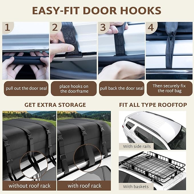 iBirdie Roof Rack Cargo Carrier 25.5 Cubic Feet, XL Soft-Shell Rooftop Cargo Box, Waterproof Heavy Duty 1200D for Car with/Without Roof Rack, Includes Anti-Slip Mat, Door Hooks, 60x37x20 inches