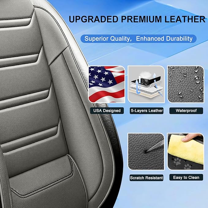 Fit RAV4 Car Seat Covers for Select Toyota RAV 4 2013-2026/RAV4 Hybrid - Premium Full Coverage Leather, Waterproof & All Weather Seat Cushion Protector, Front Pair Black+Gray