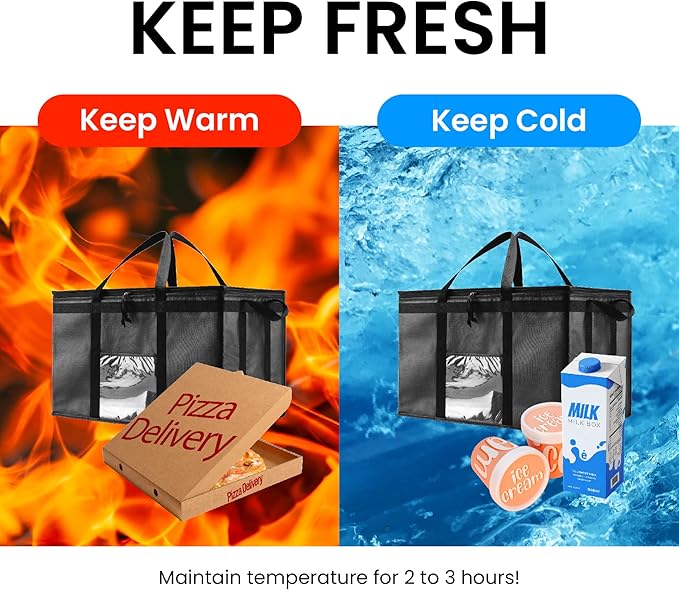 NZ home Insulated Bags for Food Delivery (3XL, 10 Pack, Black) Grocery Shopping Cooler Bag, Pizza Delivery, Hot & Cold Catering Tote, Reusable, Foldable & Heavy Duty