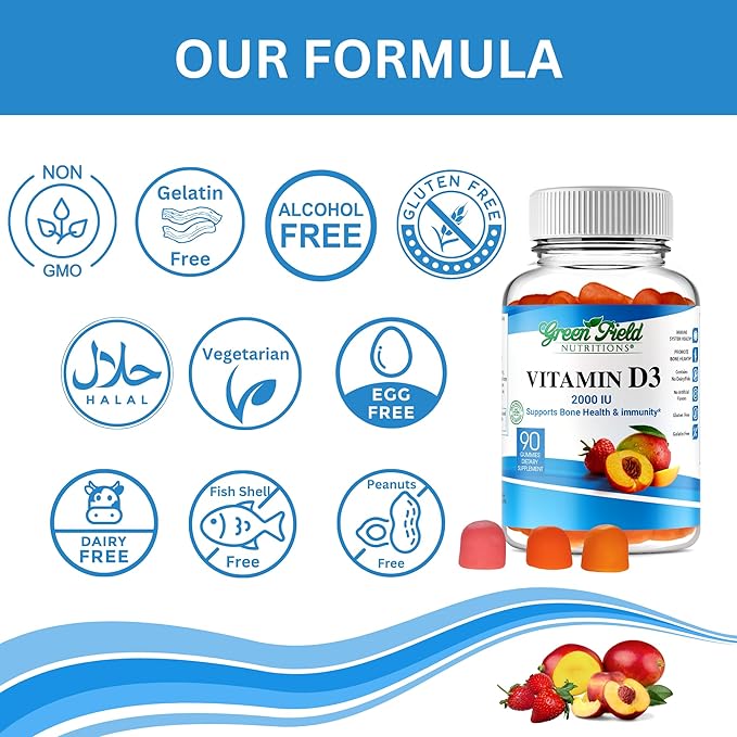 Greenfield Nutritions Halal Vitamin D3 Gummies for Adults - 2000 IU (50 mcg), 90 Gummy Halal Vitamins - Non-GMO Gluten Gelatin Free Vegetarian Halal Vitamin D - Supports Bone Heart & Immune Health