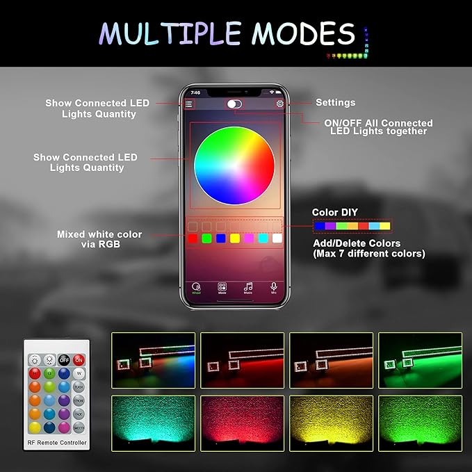 52" RGB LED Light Bar 2Pcs 4" Flood LED Pods with Multi-Color Chasing RGB Halo 16 Solid Colors Over 92 Flashing Modes Offroad Lights Driving Lamp Fog Lights with Switch Wiring Harness