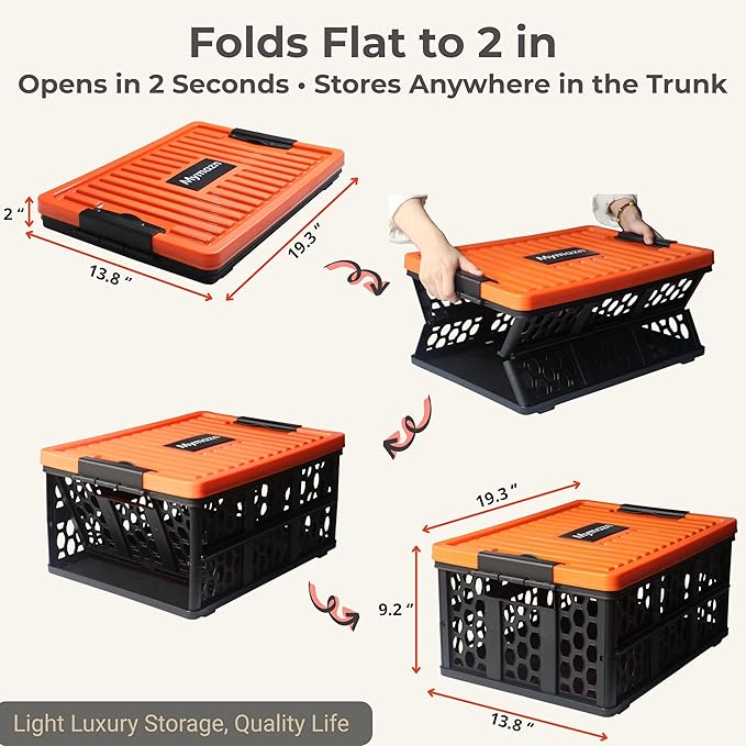 Mymazn Trunk Organizer Plastic for Car, Crate Storage Collapsible Car Organizer for SUV, Groceries, Camping | with Lid, Waterproof Bag, Optional Insulated Cooler(Orange)