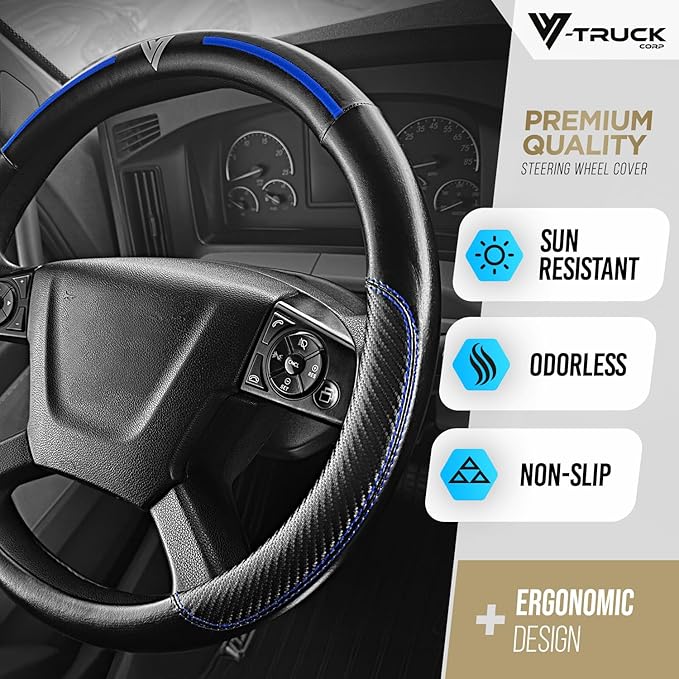 18-Inch Genuine Leather Steering Wheel Cover for Semi Trucks – Black with Blue Stripes, Universal Fit Heavy-Duty Non-Slip Grip, Comfortable Control, Easy Installation