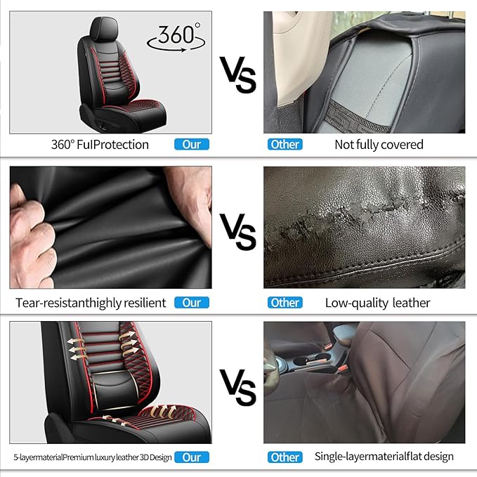 Fit Camry Car Seat Covers for Toyota Camry 2012-2024 2025 2026 - Upgraded Premium Waterproof & Breathable Leather, Airbag Compatible, All-Weather Seat Cushion Protector (Full Set, Black+Red)