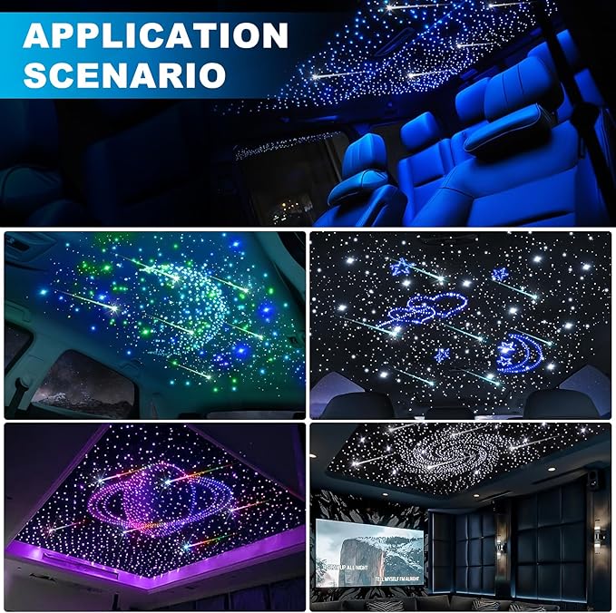 Split Car Starlight Headliner Kit, 4 Colors 12W Meteor Fiber Optic Star Ceiling Lights, 1200pcs*0.02in*9.8ft+240 RGBW Shooting Stars Lights for Car Home Theaters Roof Décor