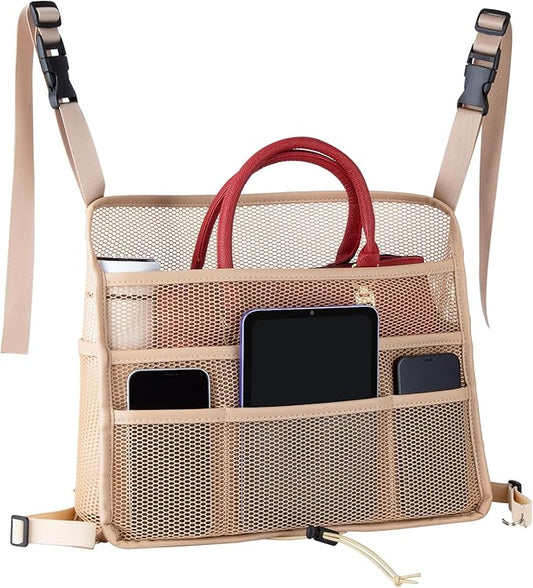 eing Car Net Pocket Handbag Holder Between Seats Back Storage Organizer 3 - Layers Purse Holder for Console Front Seat Storage Barrier, Beige