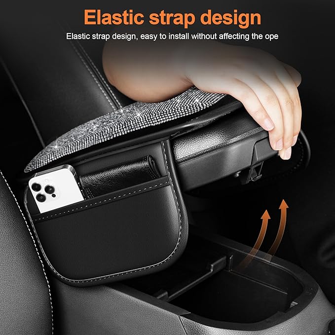 Bling Car Center Console Cover Custom Fit for Jeep Grand Cherokee L - Leather Armrest Cover with 2 Storage Pockets and Crystal Rhinestones(Black)