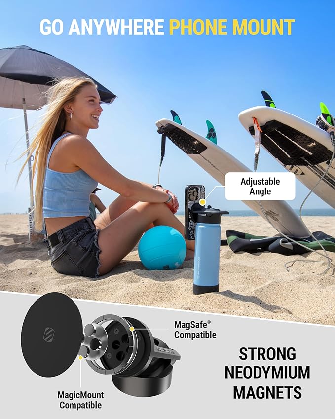 Scosche MFMS22 MagicMount Flask 22 oz Stainless Steel Water Bottle with MagSafe Phone Mount Stand, 12H Hot & 24H Cold Insulated Flask with Magnetic Phone Holder for Gym, Car, Travel, Sports 22oz, Blue
