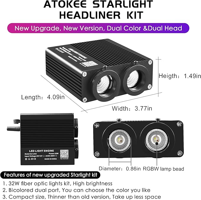 ATOKEE 32W Dual Color Starlight Headliner Kit, Sound Activated Fiber Optic Star Roof Lights with APP/Remote Control, 700pcs 0.03in 9.8ft