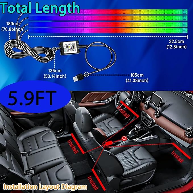 STONEBANKS 5.9FT Car LED Strip Lights, 72LEDs Smart RGB Car Interior Lights with APP & Remote Dual Control, Multicolor Music Sync and Mic Mode 4-in-1 Lines Design LED Lights for Car Decor
