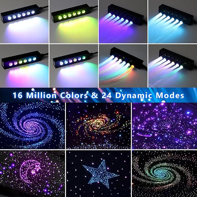 WEBUPAR 3.2W 6LEDs Meteor Starlight Headliner Kit, 360pcs 0.01in 6.56ft, RGBW Shooting Stars Fiber Optic Lights with Bluetooth APP Control for Car/Home Theater