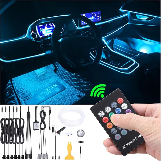Car Atmosphere Light Kit 8m Fiber Optic Multicolor Sound Active Music Sync Memory Function RF Remote Controller Control 64 Colors USB Car Interior Footwell Ambient Lighting Kit
