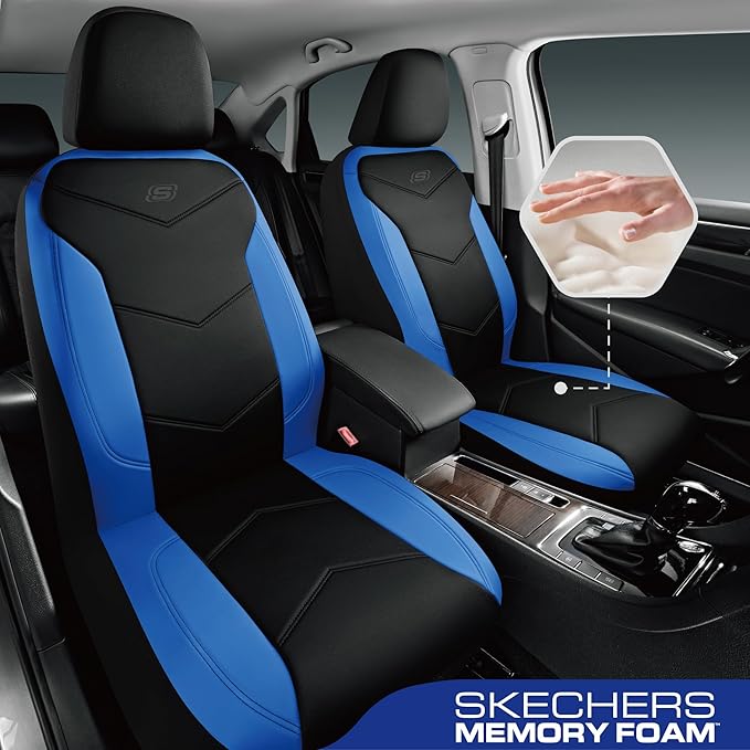Skechers Memory Foam Seat Covers,Leather Car Seat Covers, Ultimate Comfort & Support Seat CoversFull Sets,Airbag Compatible, Automotive Universal Fit Most for SUVs, Vans, Sedans, Cars, Trucks,Blue