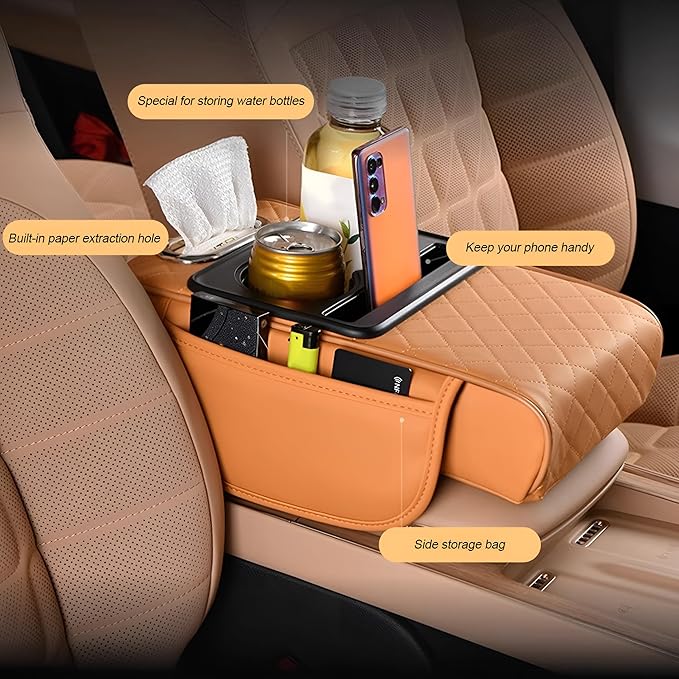 Zpana Car Center Console Armrest Pillow, Memory Foam Leather 4 in 1 Vehicle Arm Rest Cover with Tissue Box 2 Side Storage Bag Cup & Phone Holder, Auto Armrest Cushion, Universal Fit (Beige)