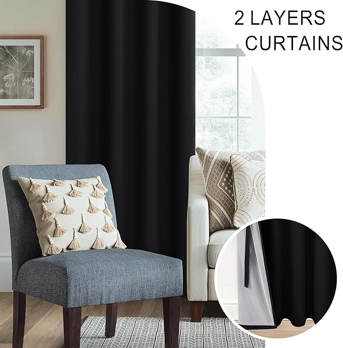 XWZO 100% Blackout Curtains with Tiebacks- Heat and Full Light Blocking Window Panels with Grommets & Thermal Insulated Draperies for Wide Large Window, Black, W60 x L84, Set of 2
