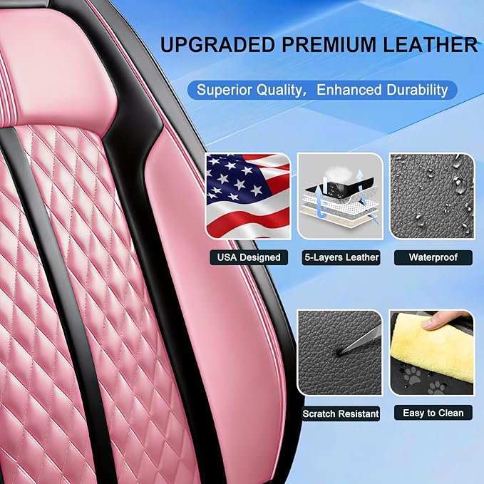 Fit Insight Car Seat Covers for Honda Insight 2010-2022 Premium Leather, Airbag Compatible, Scratch-Resistant, Waterproof All Weather Seat Protector, Airbag Compatible, Front Pair Black+Pink