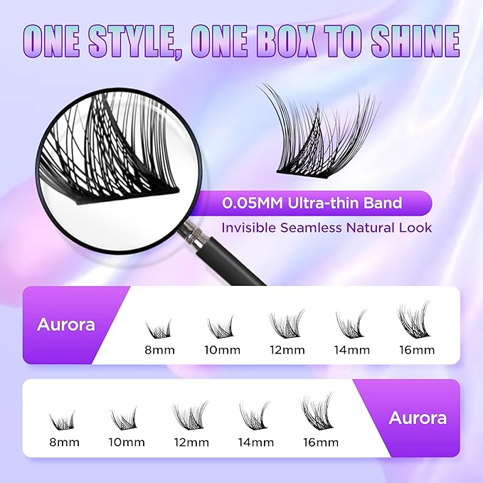 Lash Extension Kit DIY Lash Clusters Kit Eyelash Extensions Individual Lashes Extensions with (Bond,Seal,Tweezers,Remover,168Pcs,Aurora,8-16mm)