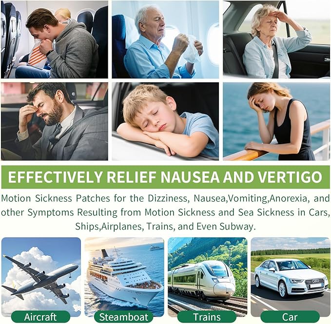 Motion Sickness Patches Non-Drowsy Formula Prevents Car, Airsick, Altitude Sickness, Sea & Motion Rides Travel Essentials for Adults & Kids Long-Lasting up to 72 Hours (60Pcs)