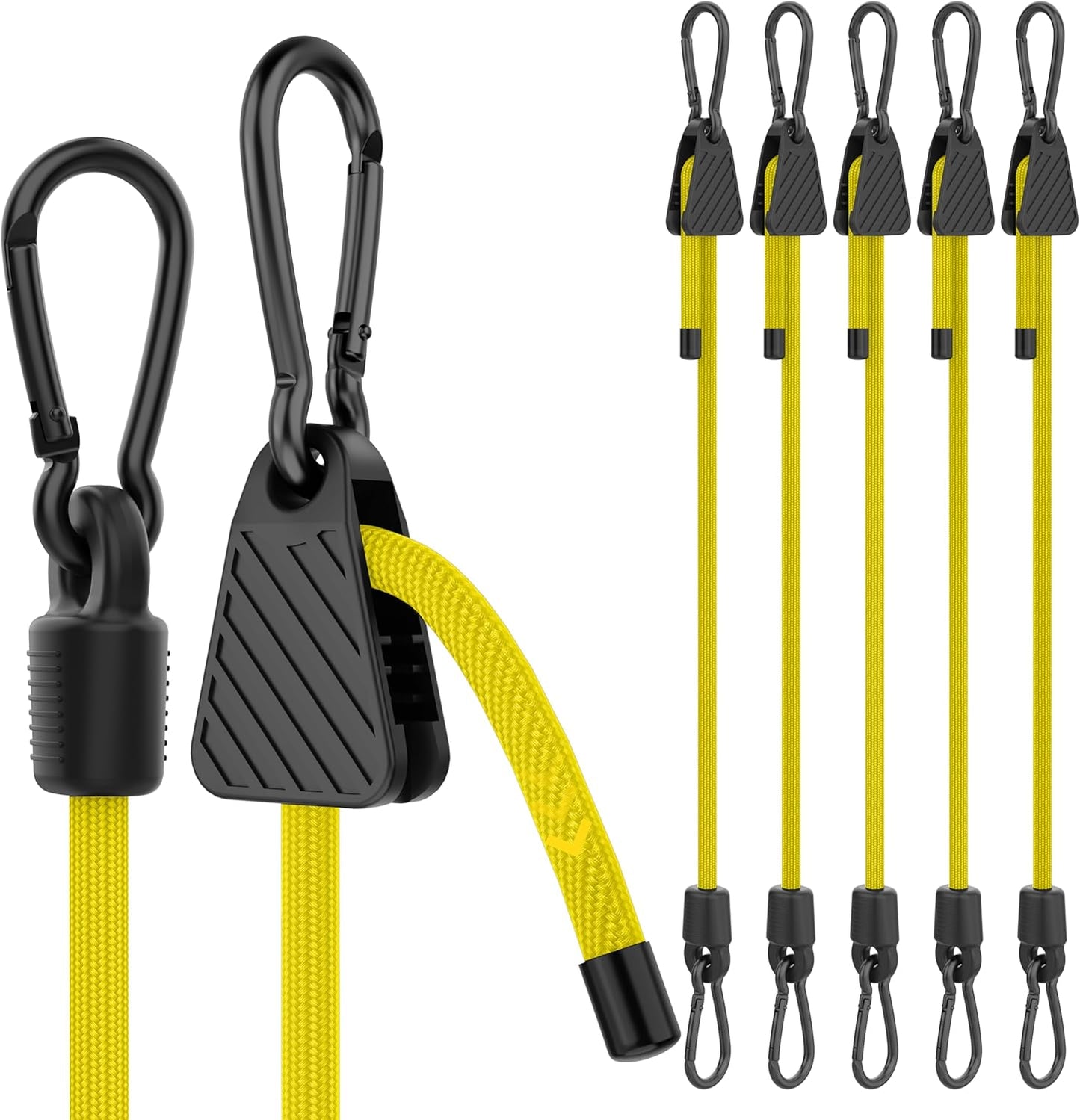 Bungee Cords with Hooks, 60 Inch Yellow Adjustable Bungee Cords with Carabiner Heavy Duty Outdoor, 8mm Thick Easy to Adjust Bungee Rope UV Resistant for Tarp, Bike Rack, Garden, Tension, 6 Pack