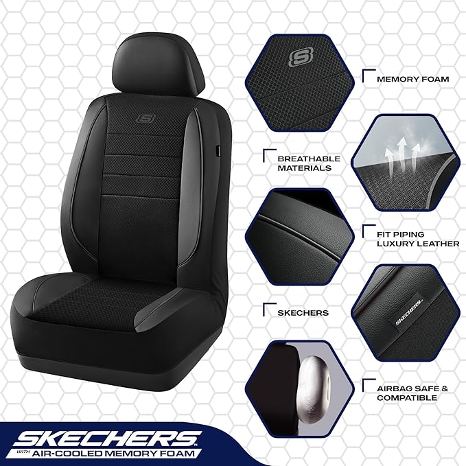 Skechers Air-Cooled Memory Foam Seat Covers,Mesh Thick Car Seat Covers,Piping Leather Car Seat Cover,Airbag Compatible,Automotive Comfort for Most Cars, Vans, Trucks, SUV(Black, Full Set)