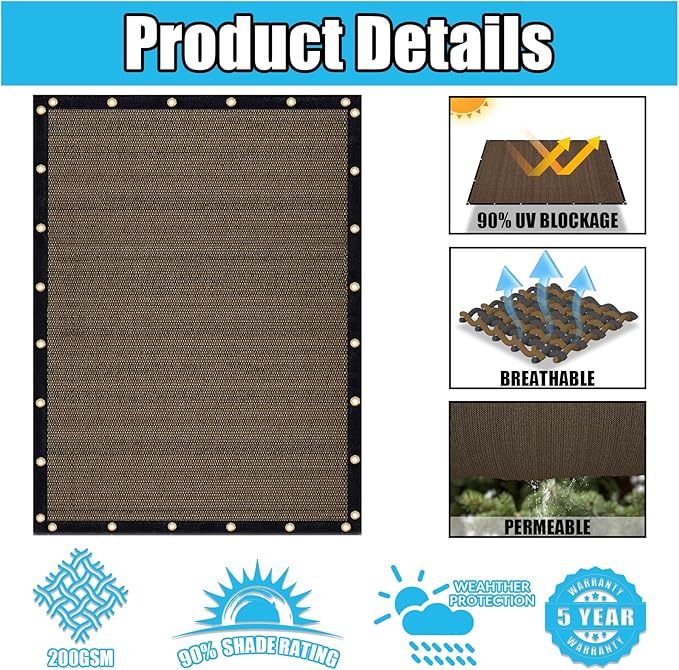 Amagenix 90% Shade Fabric 23'X 23' Mocha Sun Shade Cloth with Grommets for Pergola Replacement Shade Cover Canopy, Heavy Duty, Cable Zip Ties Included (We Customized)