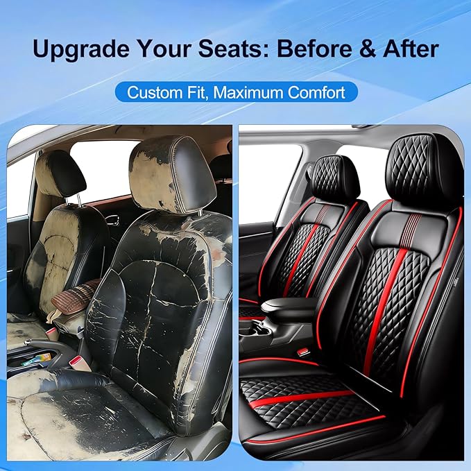 Fit CRV Car Seat Covers (Front Pair) for Select Honda CR-V 2011-2025 2026 - Premium Full Coverage Leather, Waterproof & All Weather Breathable Seat Cushion Protector, Black with Red Trim