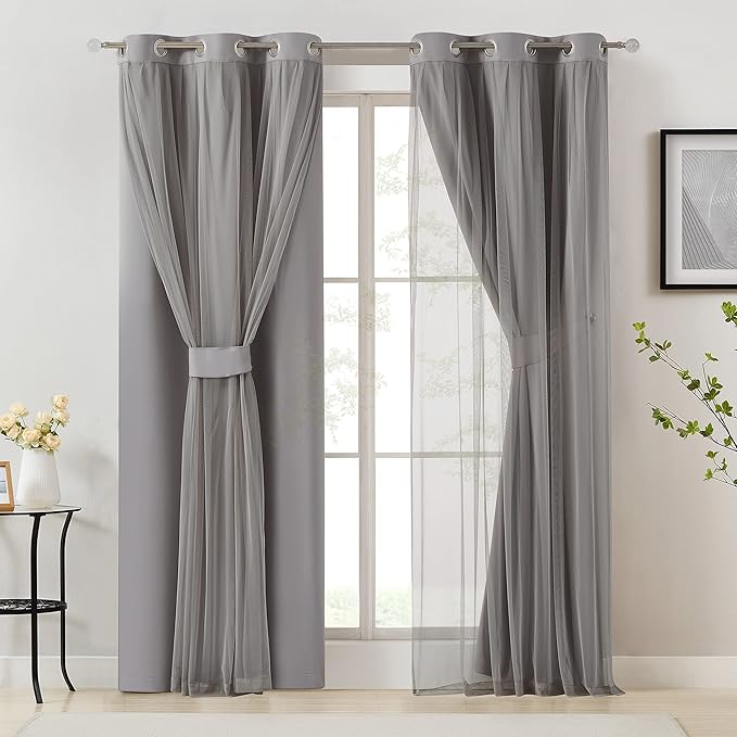 Bujasso Grey 90% Blackout Curtains with Sheer Overlay Mix and Match Double Layer Window Curtains Thermal Insulated 63 inch for Living Room Bedroom Gray Drapes with Tiebacks Grommet Top 54" Wx63 Lx2