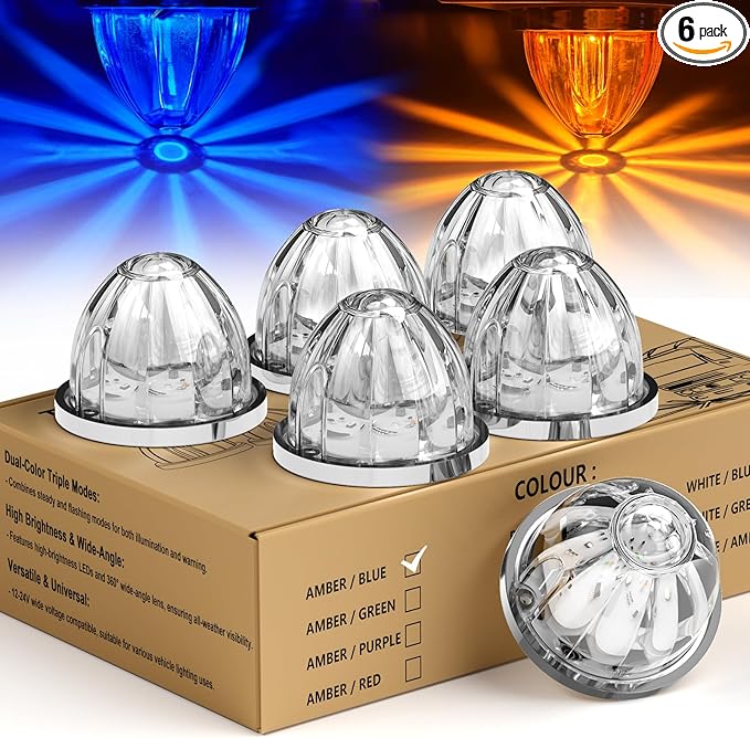 6-Pack Dual Color Watermelon Lights LED Strobe & Steady Mode, Roof Clearance Side Marker Warning Lights Amber Blue Suitable for Truck Trailer Kenworth Peterbilt Freightliner
