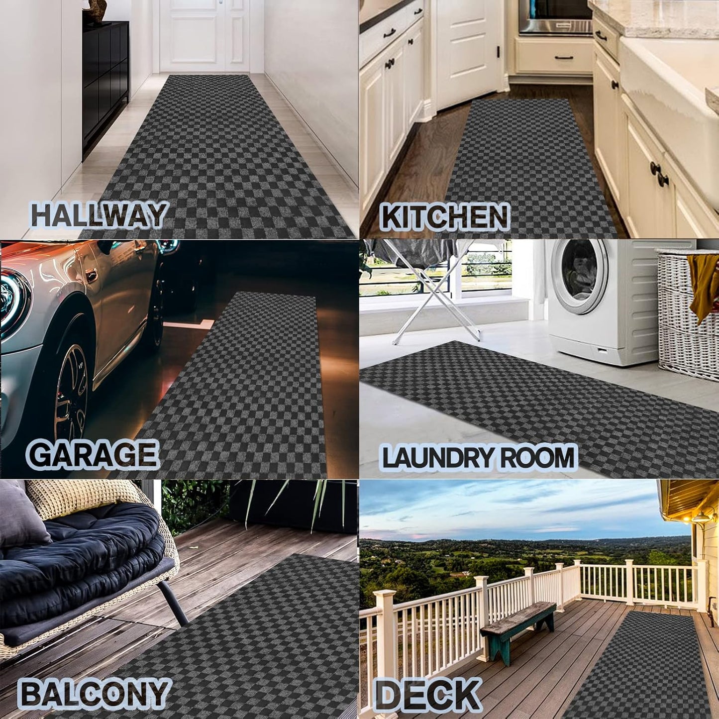 Custom Size Backed Non-Slip Area Rugs Runner, Easy Clean, Waterproof Runner Rugs for Hallway Entryway, Kitchen, Laundry, 4FT x 41FT, Gray Checkered