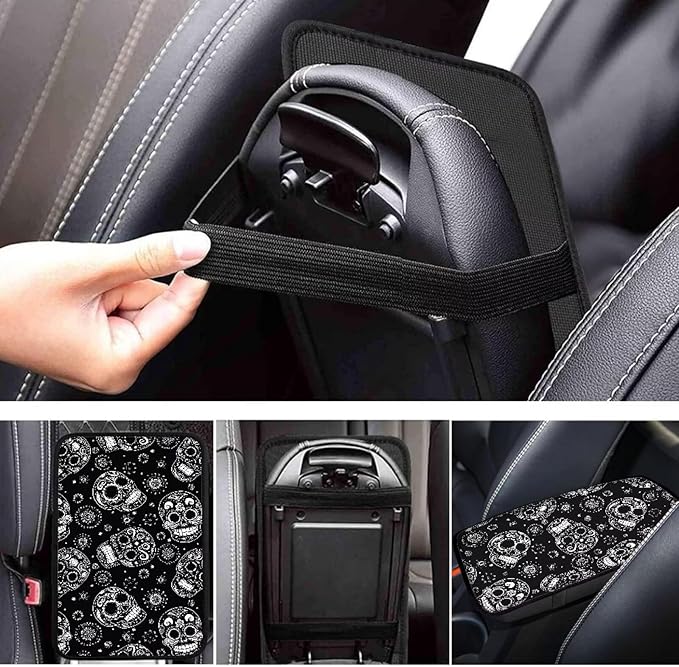 Dreaweet Halloween Center Console Cover for Car Hippie Skull Black Arm Rest Cover Pad Horror Car Accessories Decor Universal Armrest Cover for Cars Trucks SUV Sedan