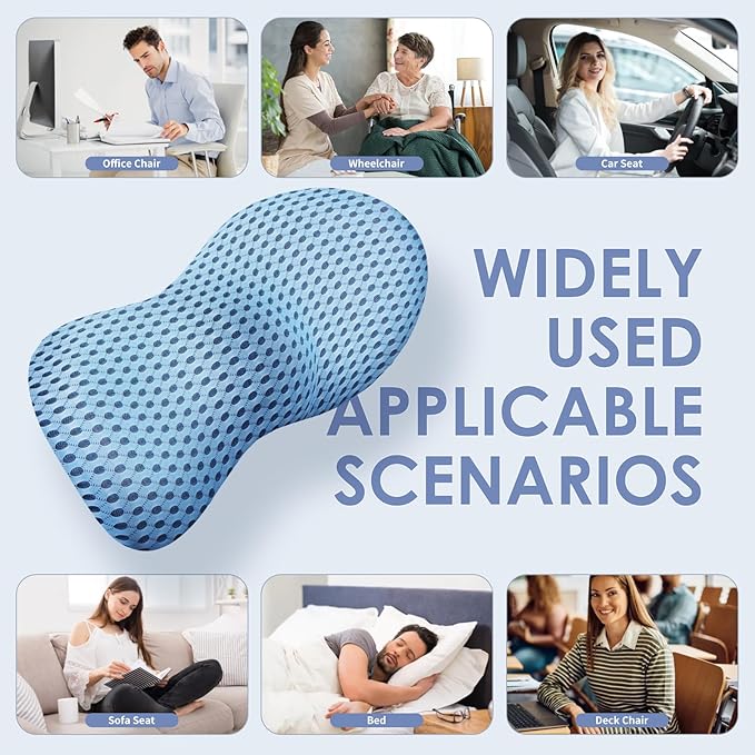 Lumbar Support Pillow, Back Pillow for Low Back Pain Relief, Ergonomic Streamline Car Seat, Office Chair, Recliner and Bed (Blue)