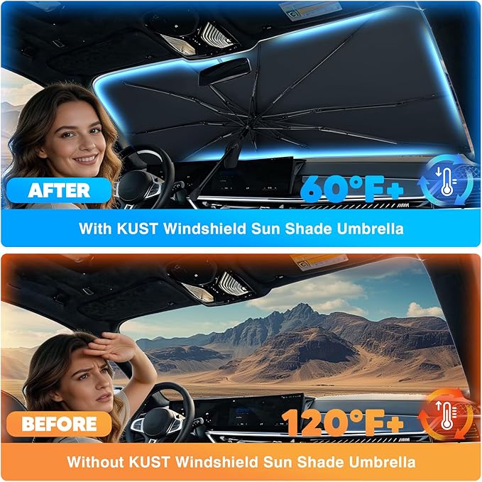 KUST Custom Fit Windshield Sun Shade Umbrella for Toyota Highlander 2020-2025 2026 | Foldable Sunshade with Bendable Handle | Blocks Heat & UV Scratch Resistant Keep Cool Sunshield