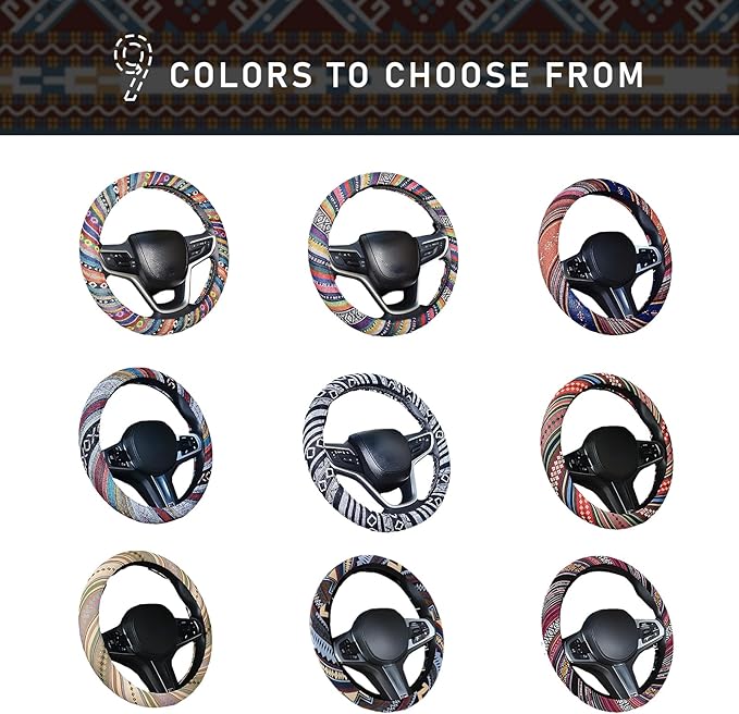 Boho Steering Wheel Cover, 15.0"×15.0" Anti-Slip Baja Blanket Ethnic Steering Wheel Protector, Breathable Flax Cloth Elastic Bohemian Steering Wheel Cover, Car Accessories (Style J)