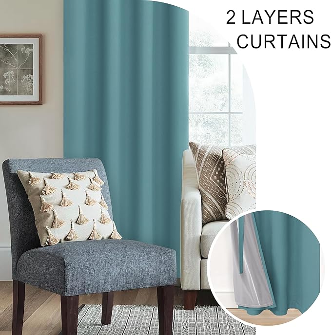 XWZO 100% Blackout Curtains - Thermal Insulated Black Liner Curtains, Noise Reducing and Heat Blocking Drapes for Hall and Studio Windows with Tiebacks, Stone Blue, W70 x L63, Set of 2