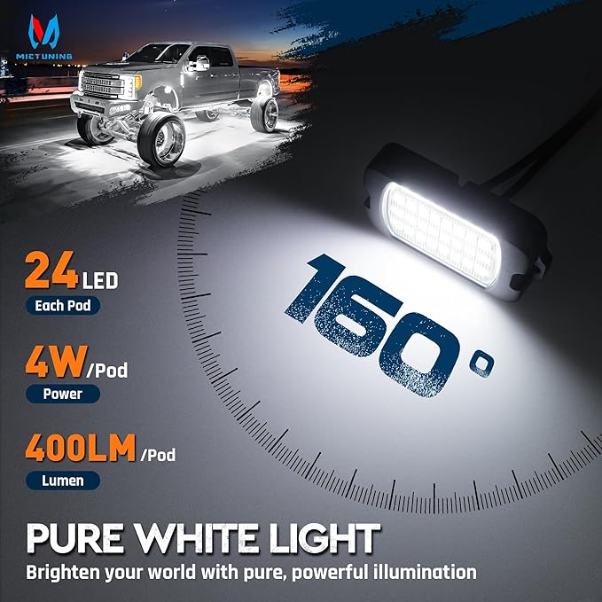 MICTUNING Q1 Max White Rock Lights, 12 Pods Super Bright Pure Underglow Light Kit, IP68 Waterproof for Truck Car ATV UTV Golf Cart (2 Year Warranty)