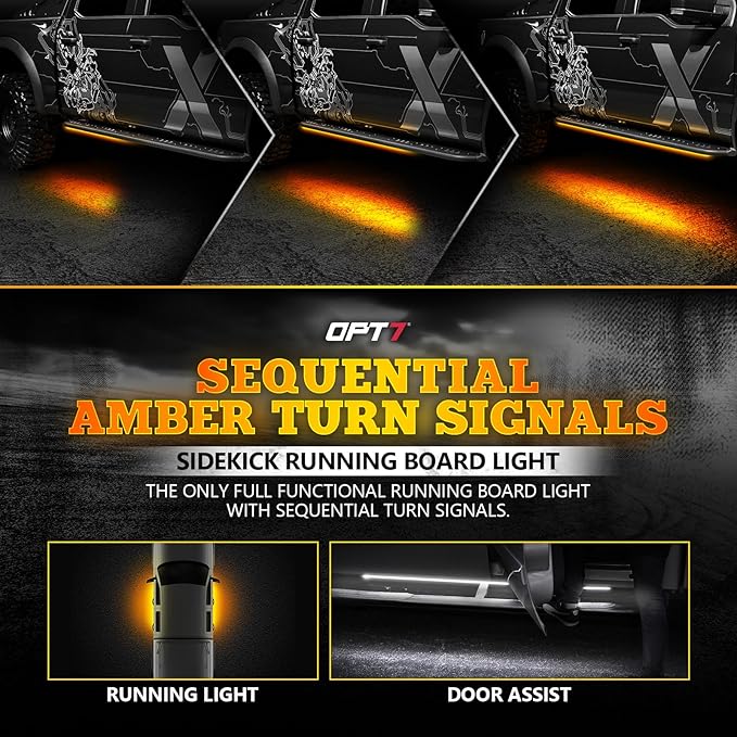 OPT7 Sidekick 60" Running Board Lights 2PCS LED Strips w/Sequential Amber Turn Signal Side Marker, DRL, White Courtesy Light for Regular Super Cab Pickup SUV - Truck Decorations