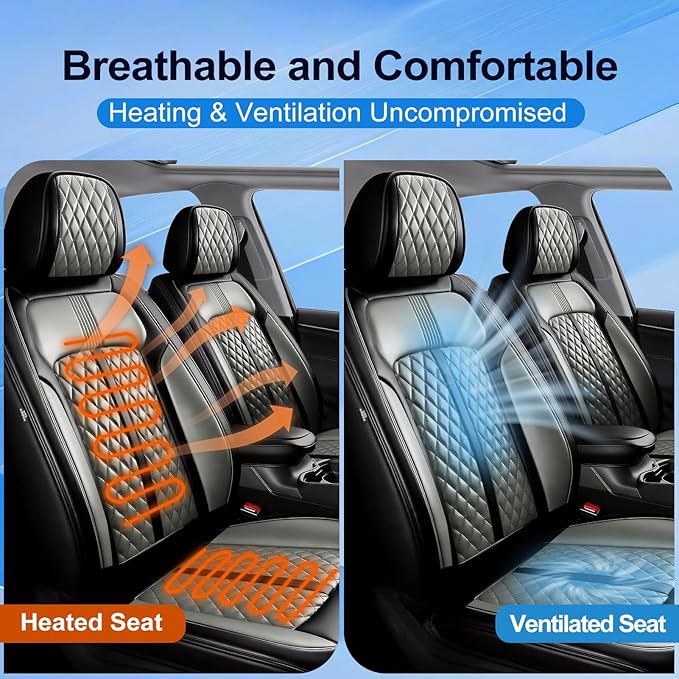 Fit Malibu Car Seat Covers for Chevrolet/Chevy Malibu 2009-2025, Full Coverage Leather, Airbag Compatible, Waterproof All Weather Breathable Seat Cushion Protector, Full Set, Black+Gray