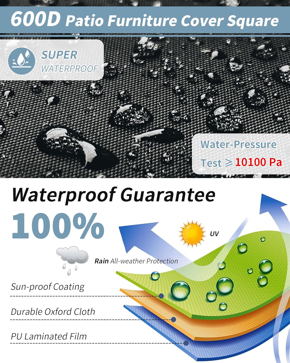 Outdoor Waterproof Furniture Cover, 54W x 54L x 28H inches Heavy Duty 600D Square Table and Chair Set Protection, Black