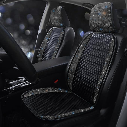 Luxury PU Leather Auto Seat Cover Protector Rhinestone Crystal Glitter Vehicles Front Seat Pad Mat Bling Bling Diamond Car Interior Accessories for Women, Lady - Universal Fit Black 2Seats