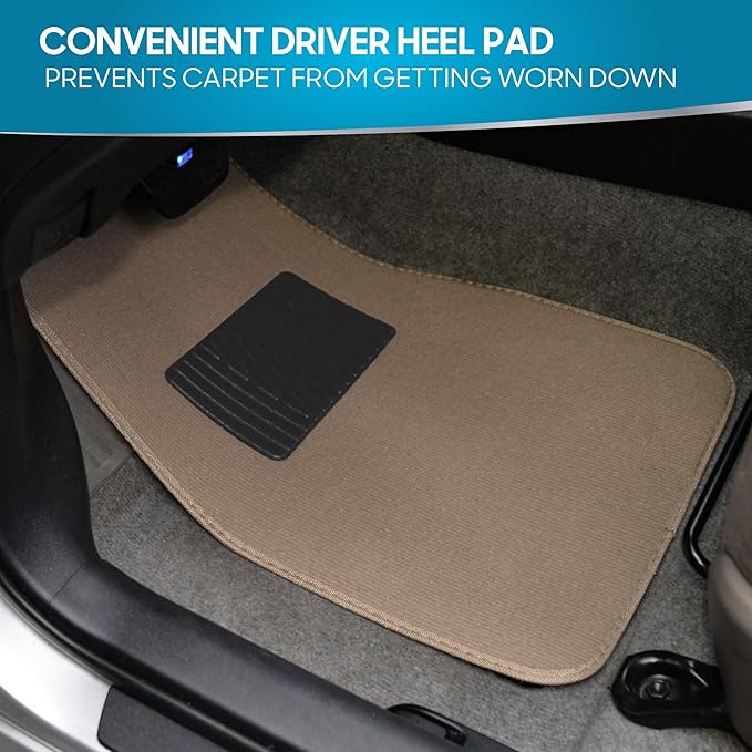 BDK Premium Medium Beige Carpet Floor Mats for Cars - Universal Fit Interior 4-Piece Car Mats Full Set with Vinyl Heel Pad Protector - Cute Car Accessories Interior Floor Covers for SUVs & Trucks