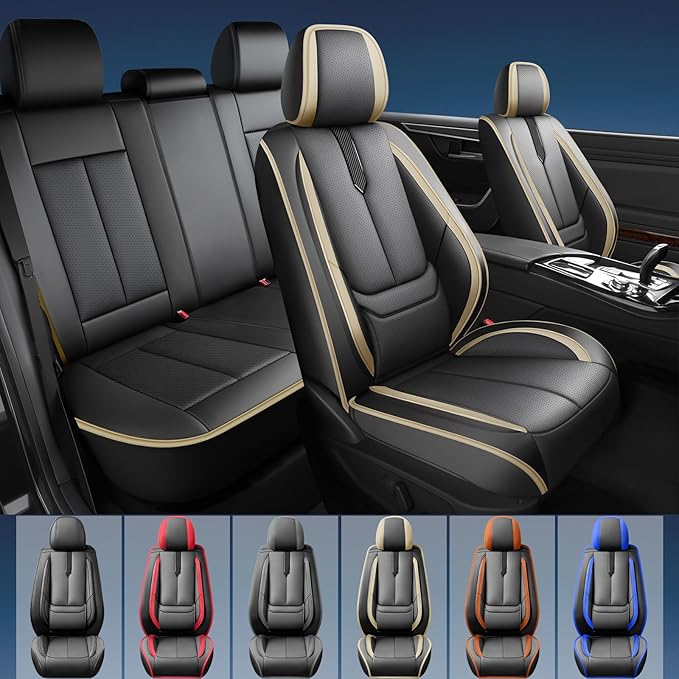 Fit Camry Car Seat Covers for Toyota Camry 2012-2024 2025 2026 -Upgraded Premium Waterproof & Breathable Leather,Airbag Compatible,All-Weather Seat Cushion Protector,2 Front/Black-Beige