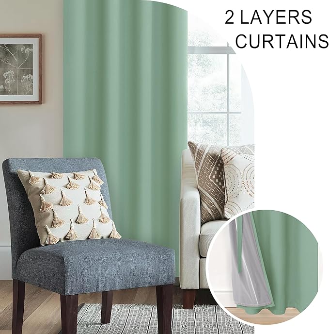 XWZO 100% Blackout Curtains 2 Panels with Tiebacks- Double Layers Heat and Full Light Blocking Window Panels with Grommets for Narrow Short Windows, Light Sage, W38 x L45, Set of 2