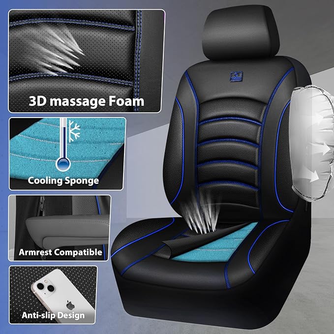 CAR PASS 3D Foam PU Leather Car Seat Covers, Universal Seat Covers Front 2 for Trucks SUV Sedan Automotive Seat Covers Armrest Airbag Compatible Waterproof Comfortable Faux Nappa Leather Black Blue