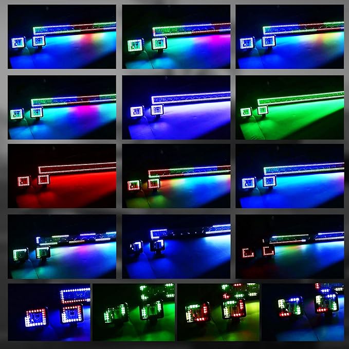 50" RGB LED Light Bar 2Pcs 4" Flood LED Pods with Multi-Color Chasing RGB Halo 16 Solid Colors Over 92 Flashing Modes Offroad Lights Driving Lamp Fog Lights with Switch Wiring Harness