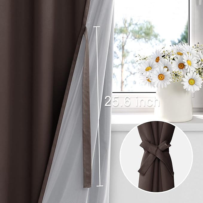 XWZO 100% Blackout Curtains 54 Inches Long with Tiebacks- Thermal Insulated & Energy Efficiency Window Draperies Grommet Top with Black Liner for Bedroom/Living Room, Brown, W42 x L54, Set of 2