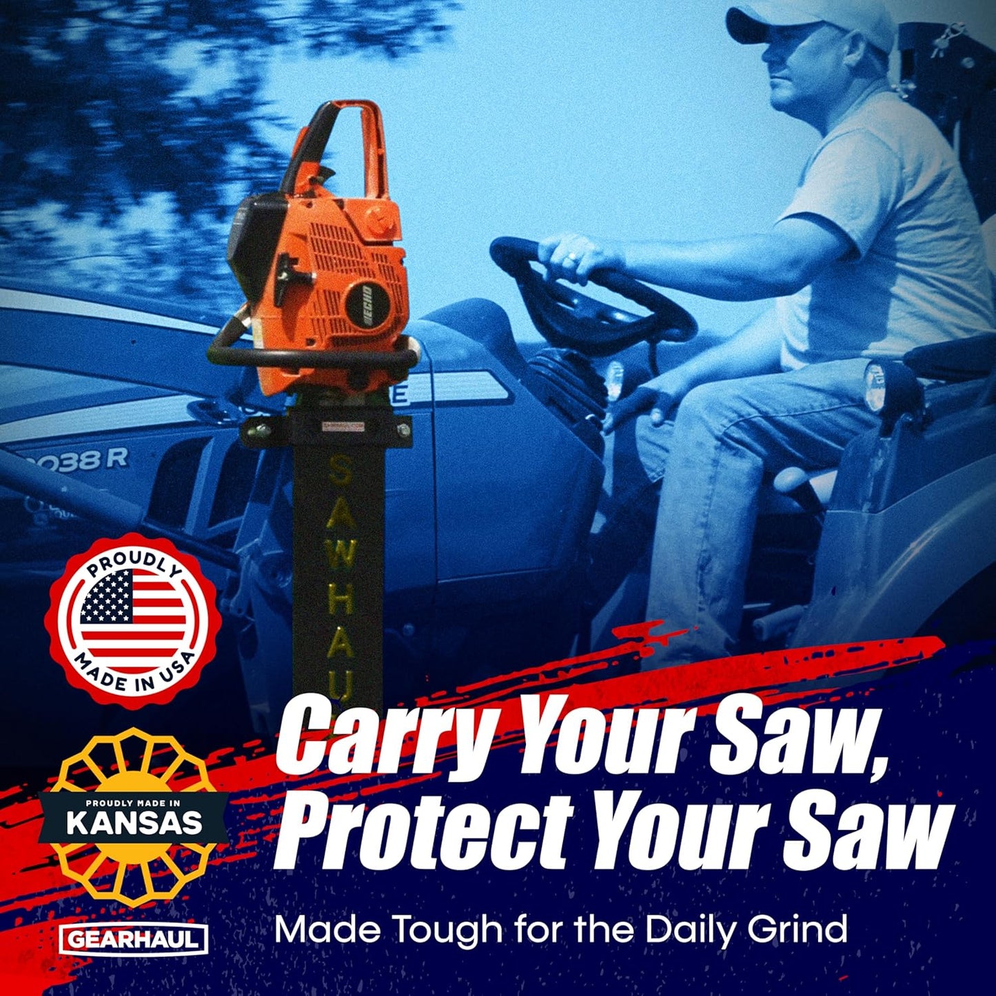 SawHaul Universal Tractor Chainsaw Holder - Made in Kansas USA - Fixed Mount Chainsaw Carrier (28" Yellow) Compatible w/All Brands