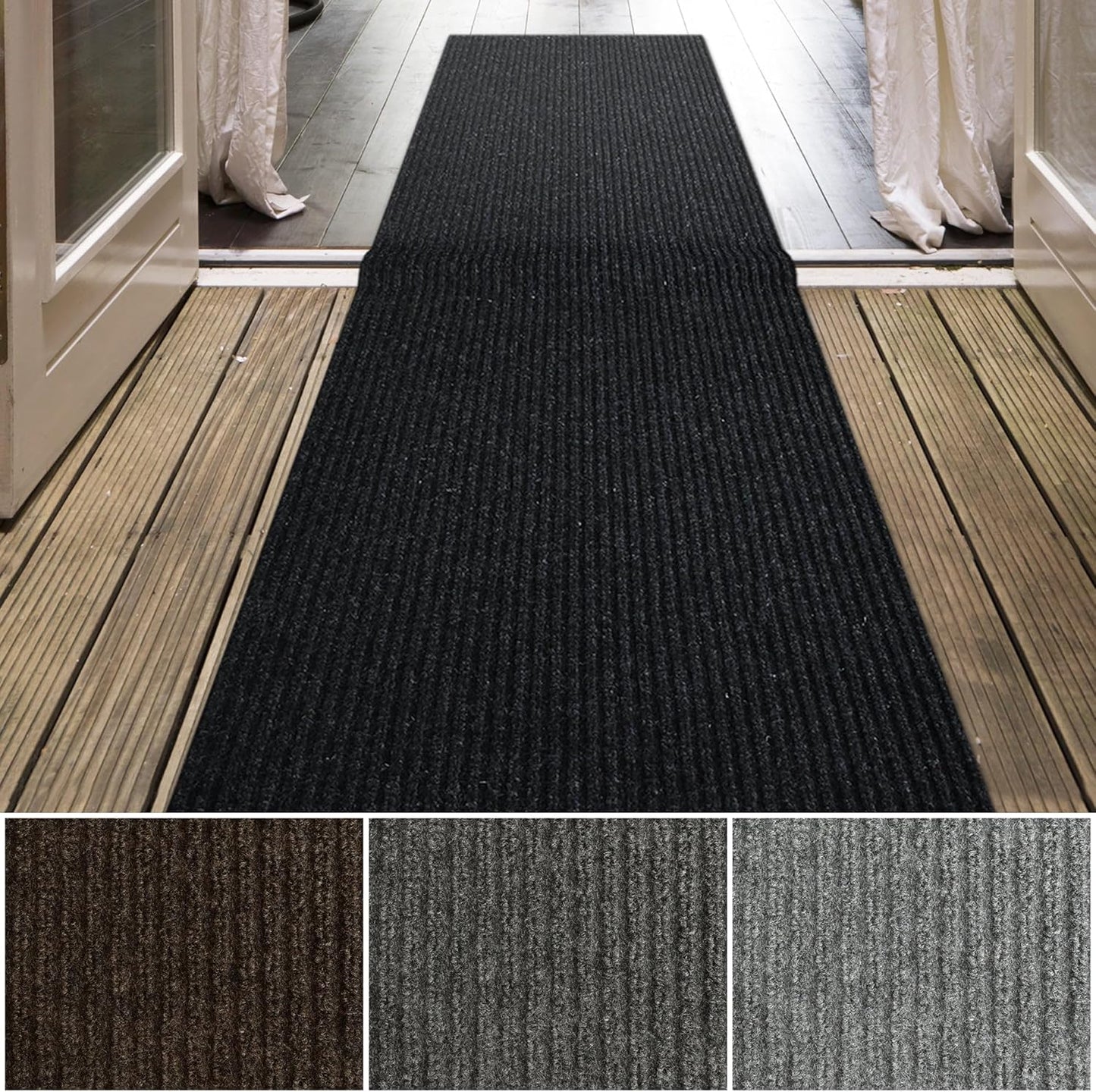 iCustomRug Spartan Weather Warrior Indoor/Outdoor Utility Ribbed Carpet Runner with Non-Slip Thermoplastic Rubber Backing, 3ft X 24ft in Black