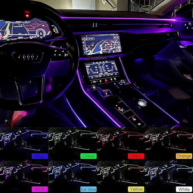 USB Car Ambient Lighting Optic Fiber 8 Colors Music Sound Active with RF Remote Control Car Decorative Atmosphere Lighting Kit DC 12V 1W 3m